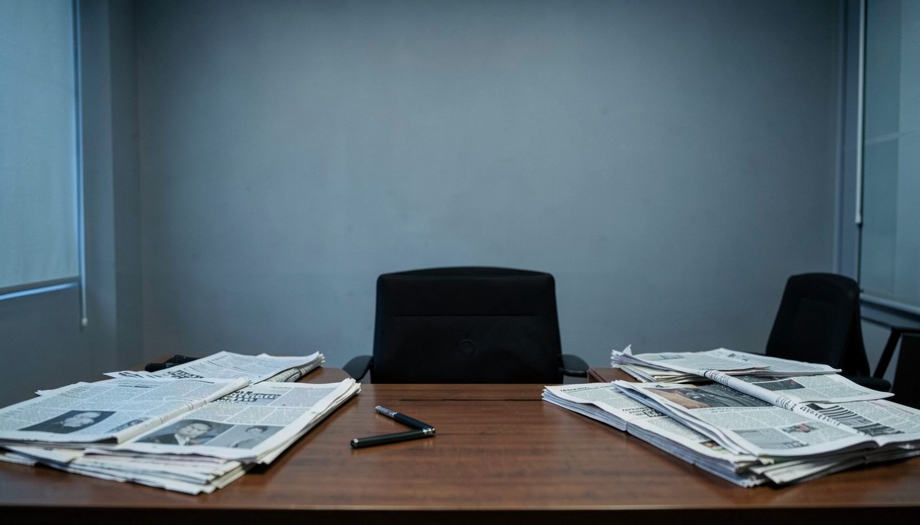 A wide newsroom desk with scattered newspapers and a muted gray-blue backdrop, conveying a serious editorial atmosphere