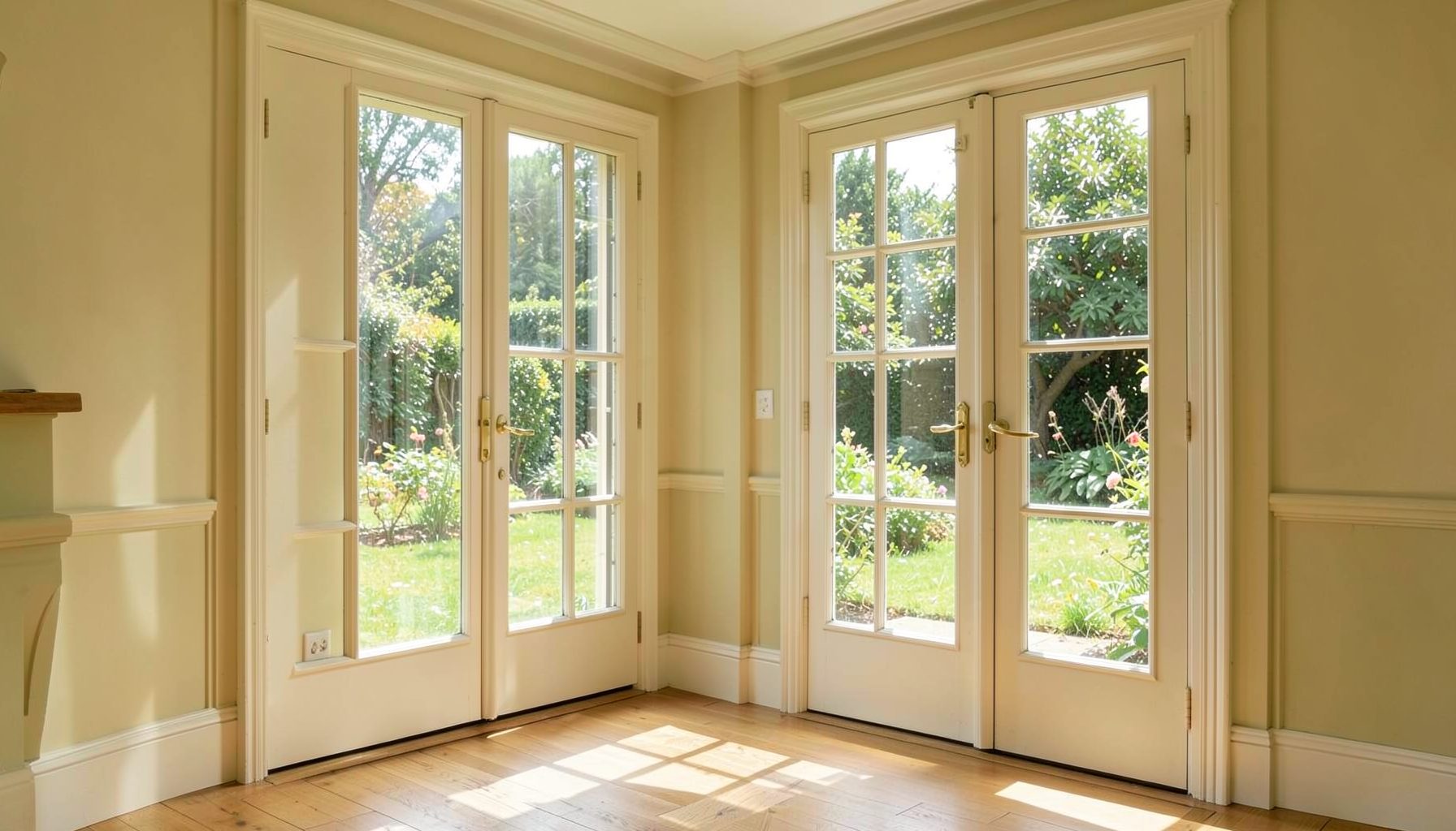 Bright interior room with tall French windows and doors opening onto a sunlit garden, warm cream and soft green tones