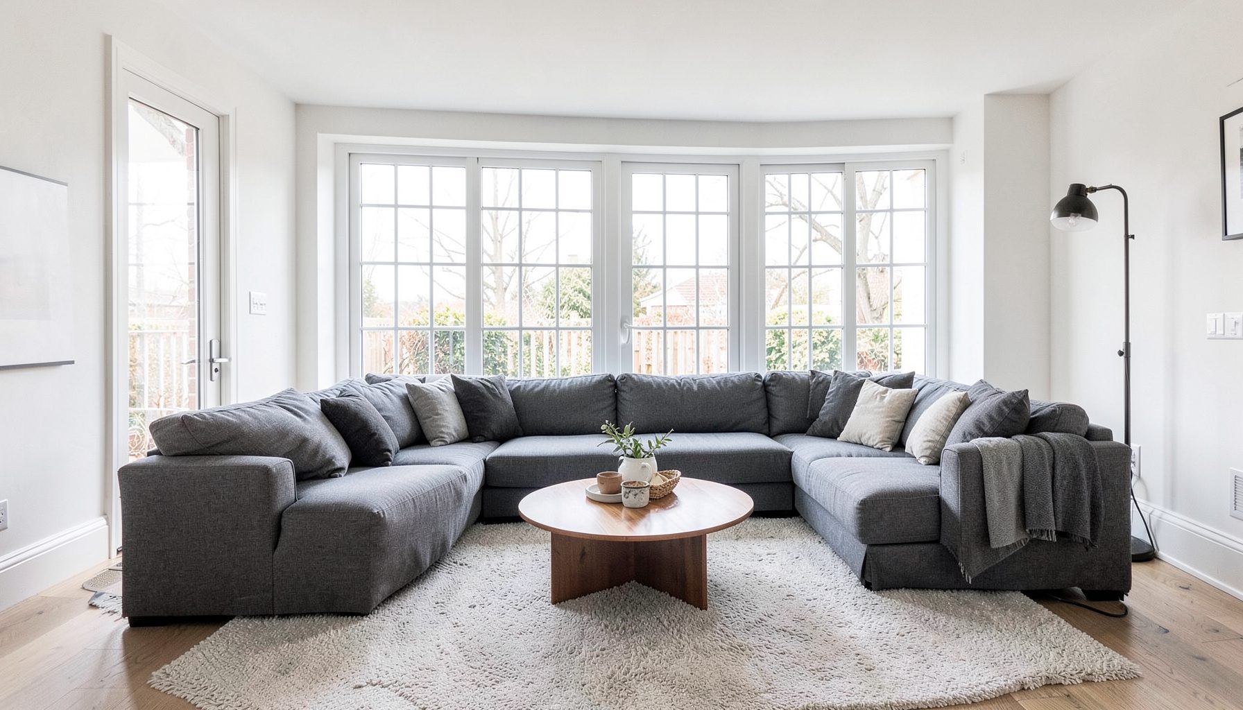 Bright modern living room with gray sectional sofa and French windows along the back wall