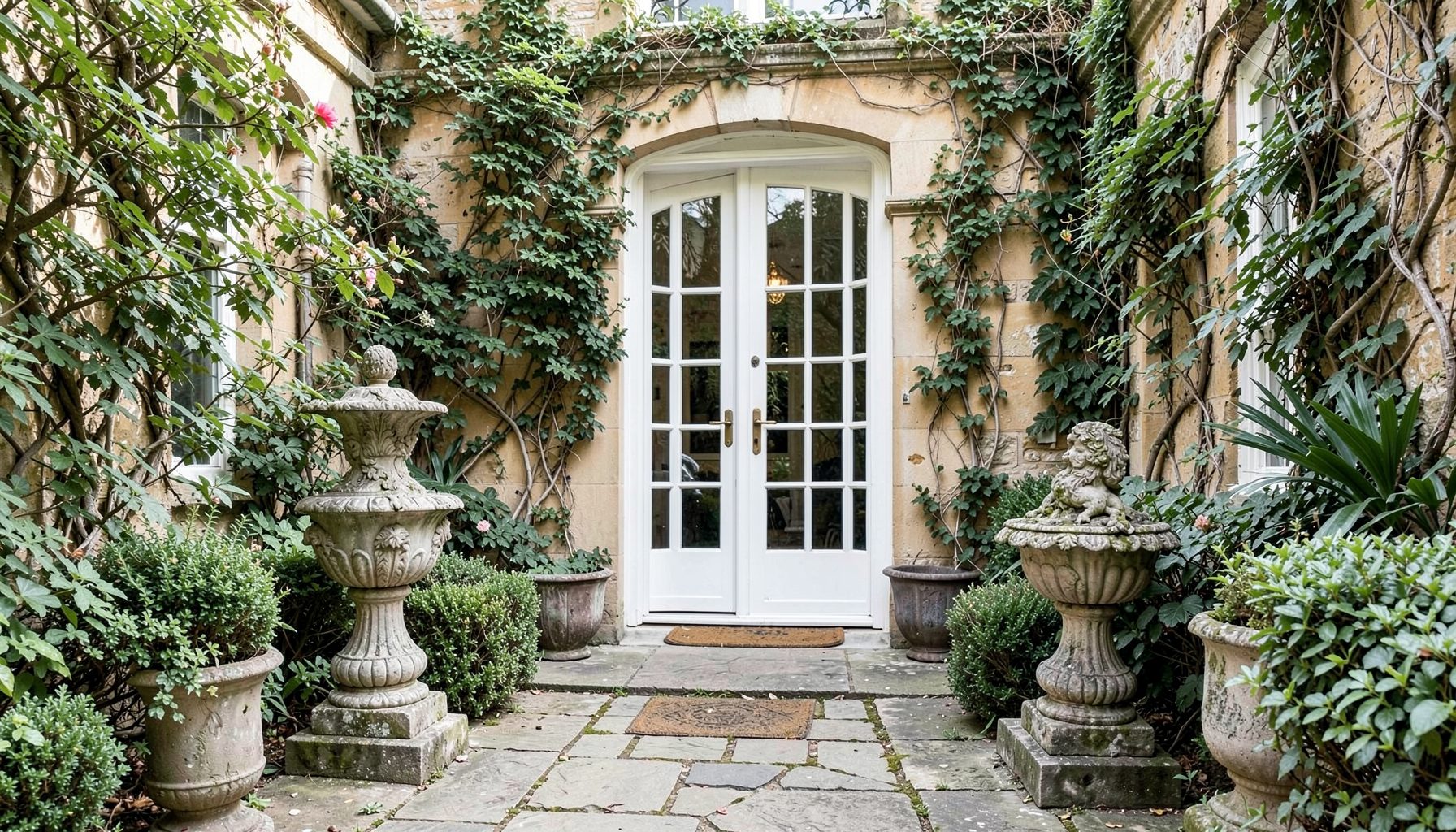 Elegant garden courtyard with ornate stone urns and a white French door entrance
