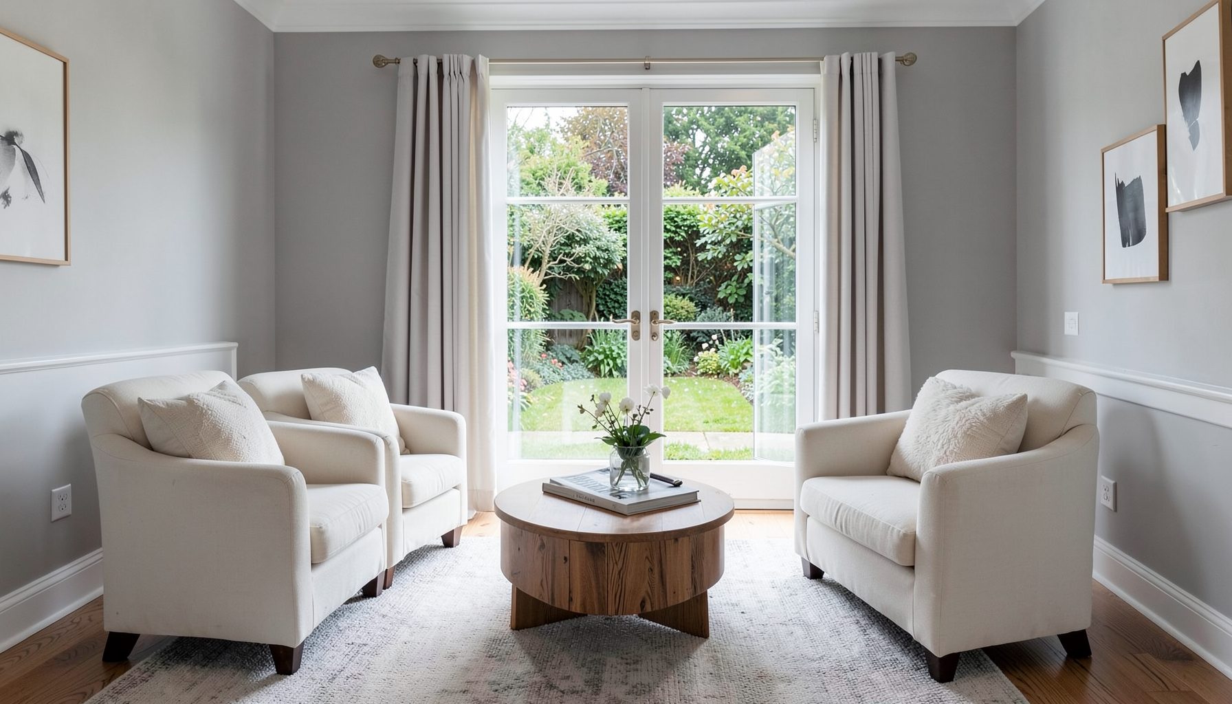 Living room with cream armchairs and a French door opening to a garden, soft gray and white palette