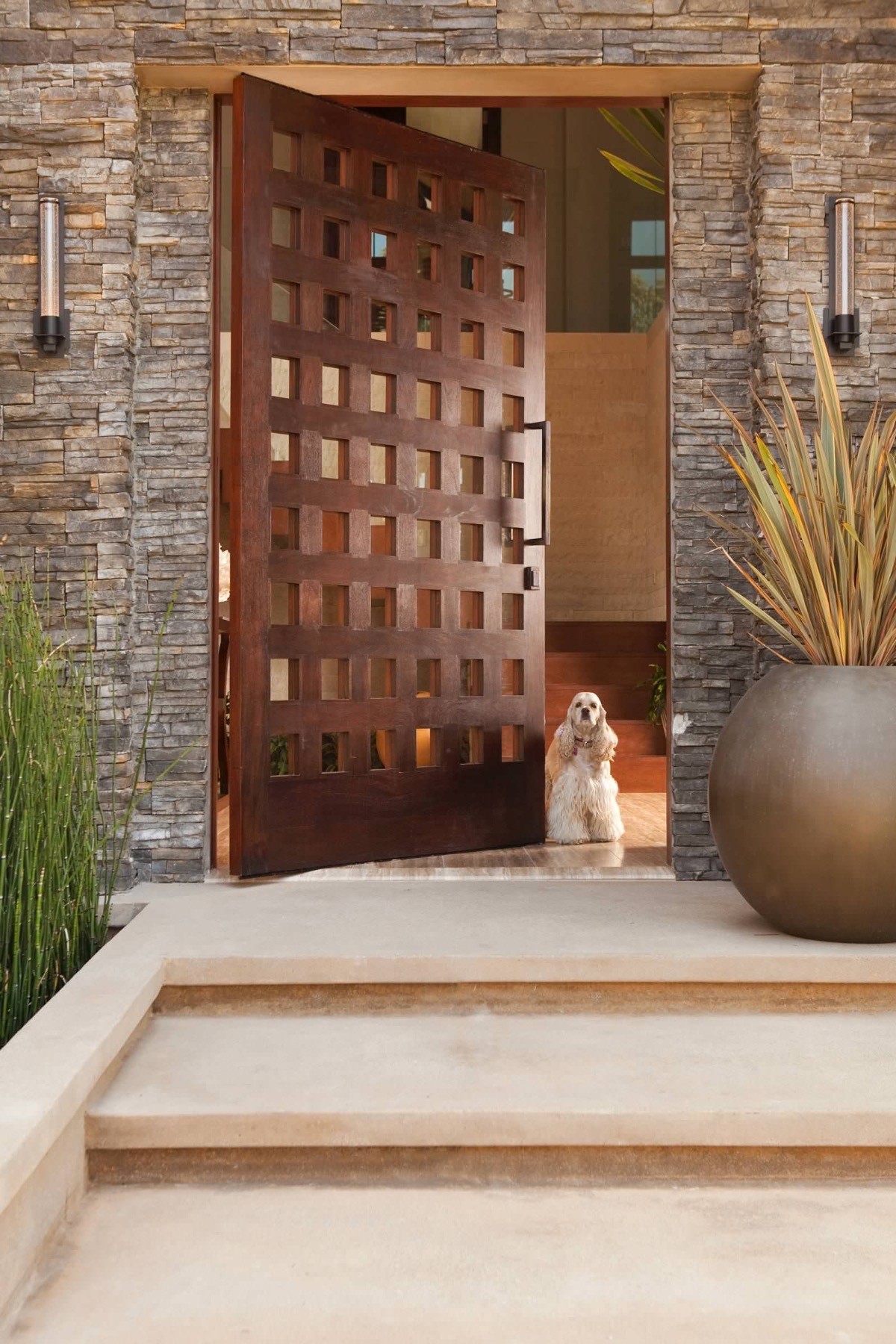Stone exterior entrance with large wooden lattice door open, a fluffy dog sitting inside, potted plant and steps