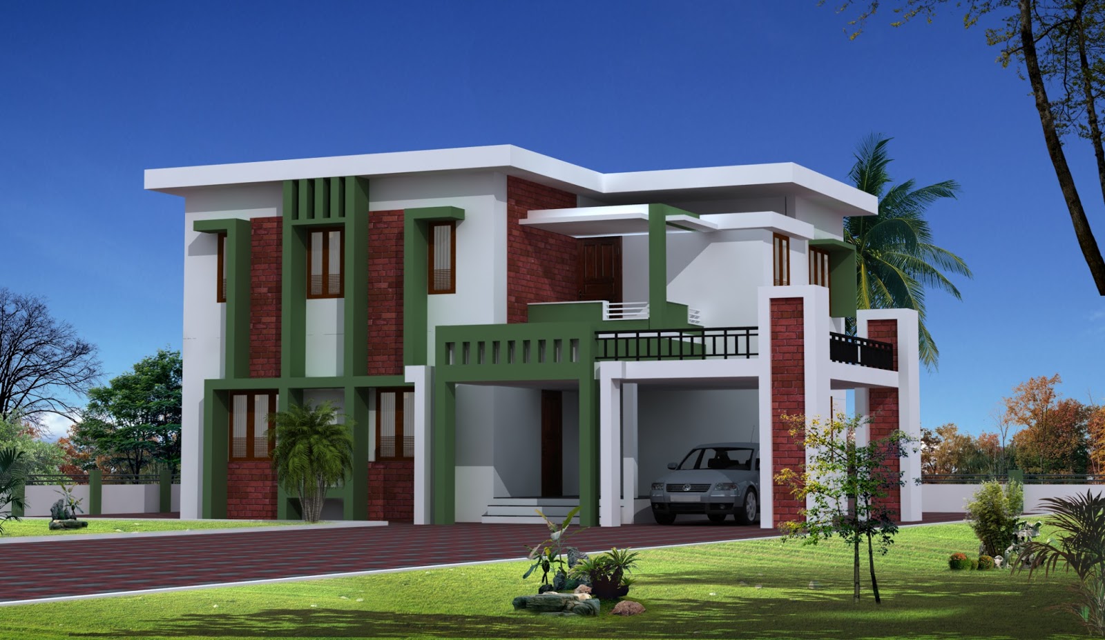 Two-story modern house exterior with white, green, and red brick facade, carport with a car, palm trees, and green lawn
