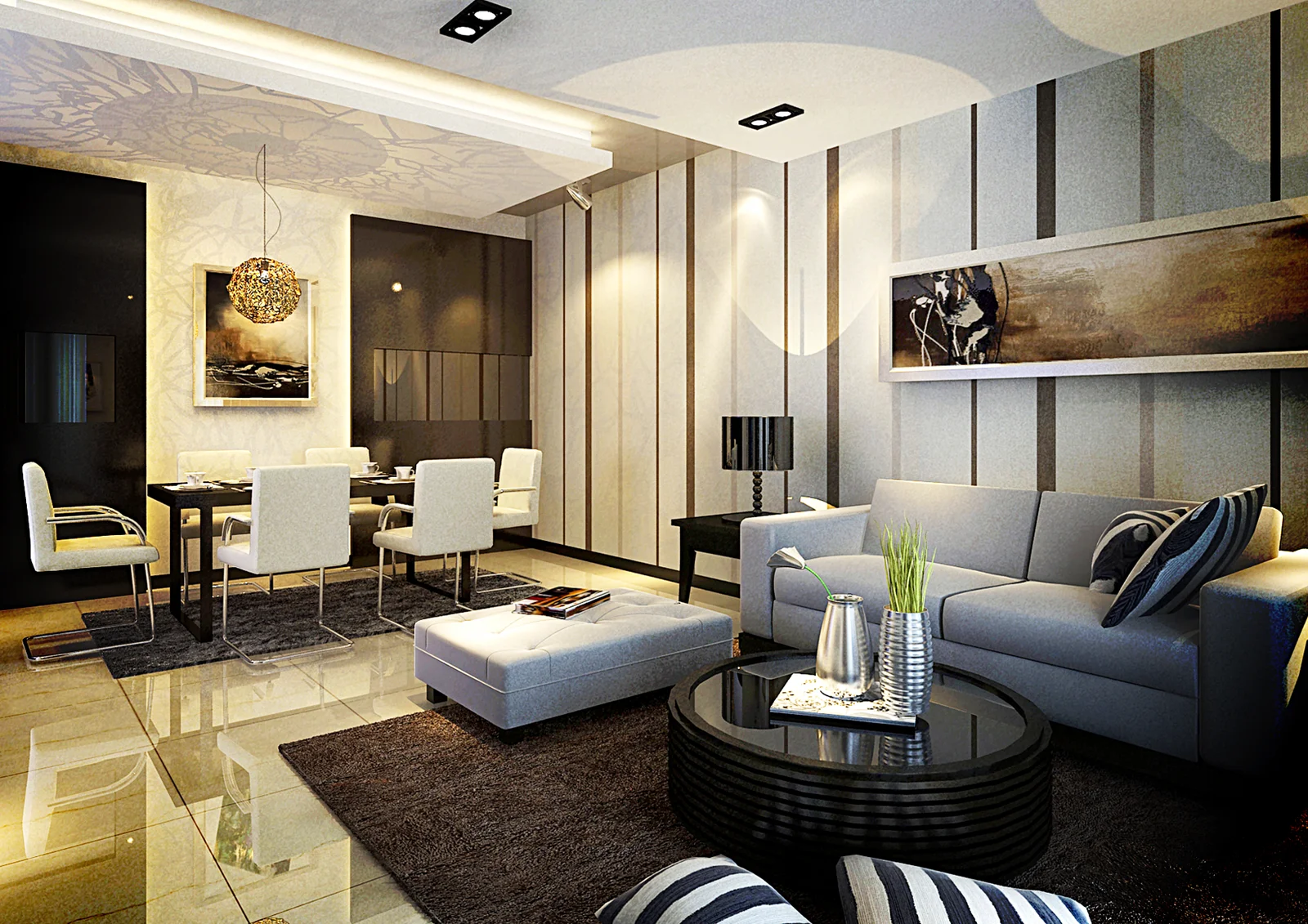 Modern living and dining room interior with gray sofa, striped pillows, round black coffee table, and dining table with white chairs