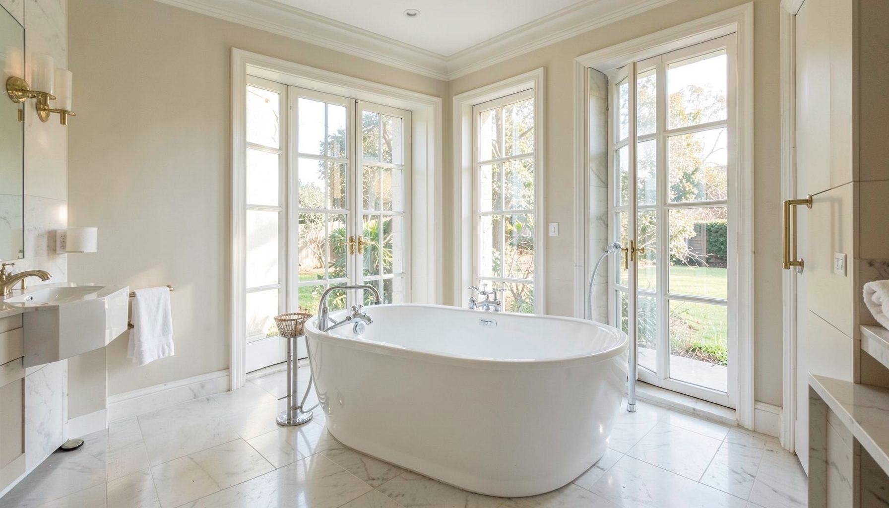 Spacious bathroom with freestanding tub and French windows letting in natural light